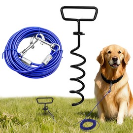 Dog Tie Out Cable and Stake 34ft, Heavy Duty Dog Chains for Outside with Lockable Hook, Pet Runner Cable Leads for Medium Large Dogs Up to 250 LBS,Comfort Grip for Daily Walking/Outdoor