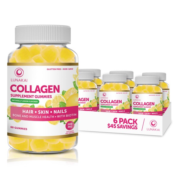 Lunakai Collagen Gummies for Women and Men with Biotin Zinc Vitamin C and E - Anti Aging, Hair Growth, Skin Care & Strong Nails Protein Collagen Supplements - Non-GMO, Gluten Free- 6 Pack
