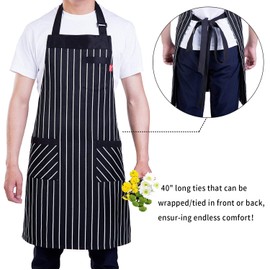 ALIPOBO Aprons for Women and Men, Kitchen Chef Apron with 3 Pockets and 40" Long Ties, Adjustable Bib Apron for Cooking, Serving - 32" x 28" - Black/White Pinstripe - 1 Pcs