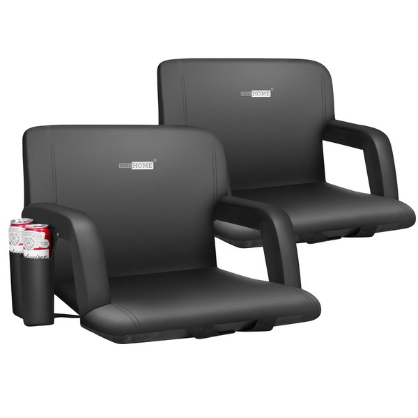 VIVOHOME Portable Reclining Stadium Seat Chairs for Bleachers with Padded Backrest and Adjustable Armrests, Two Pockets for Drinks, Set of 2, Standard Width 20 Inch