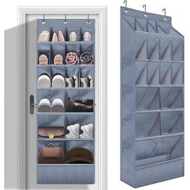 Over the Door Shoe Organizers 17 Pockets, 1 Pack Hanging Shoe Organizers with Large Pocket Shoe Holder Hanging Shoe Rack for Closet Shoe Organizer for Wall/Door, Grey - Colour: GREY-14+ Pairs, Size: 1 Pack