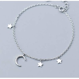 Iszie 925 Sterling Silver Sweet Little Crystal Moon and Star Charms Bracelet for Women