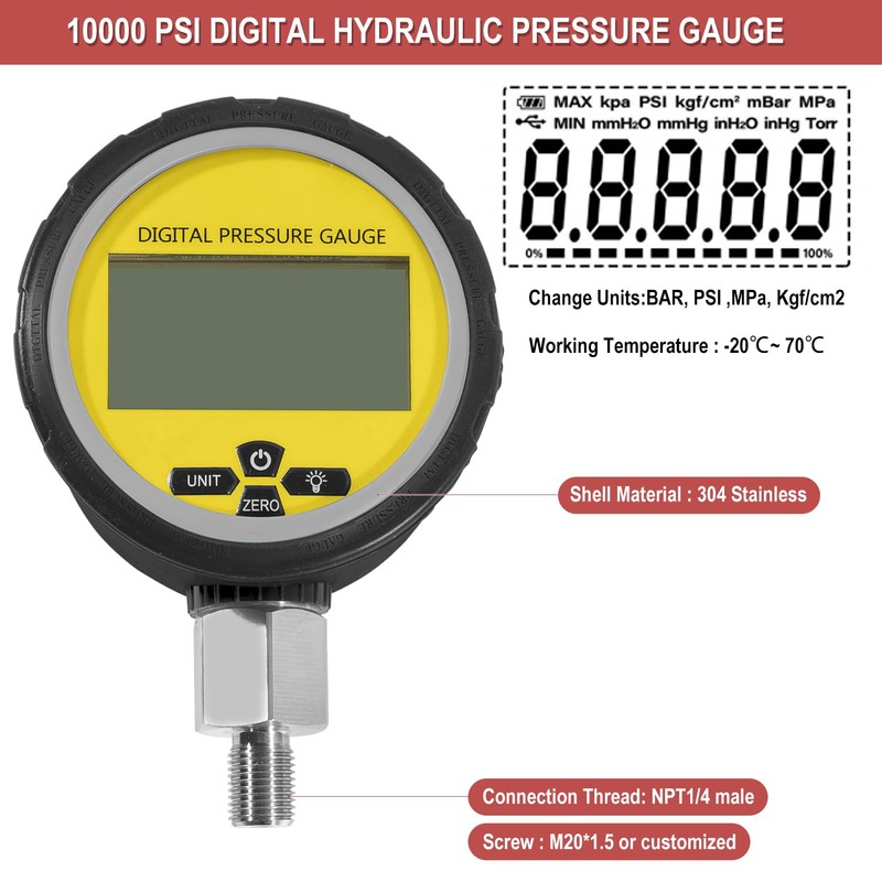 Digital Hydraulic Pressure Gauge 10000 PSI/700BAR with 1/4-Inch NPT Connector,
