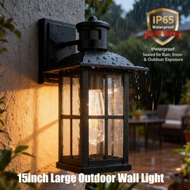 Superyofo 15inch Large Outdoor Wall Lights,Modern Black Exterior Wall Light Fixture with E26 Sockets & Tempered Glass,Waterproof Porch Lighting for Wall (1 Pack)