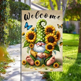 BlissYard Welcome Spring Gnome Garden Flag Double Sided 12x18 Flag Spring Summer Garden Flag Sunflower and Bee Gnome Funny Spring Farmhouse Yard Flag Seasonal Holiday Outdoor Outside Decoration
