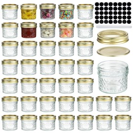 4oz Mini Mason Jars,Set of 40 Quilted Crystal Style Canning Glass Jars With Gold Regular Lids and Bands, Wide Mouth Spice Jars For Honey,Caviar,Herb,Jelly,Jams-40 Black Labels,1 Chalk Marker Included