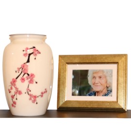 Liliane Memorials Pink Cherry Blossom Flowers Cremation Urn - White Funeral Urn for Human Ashes - Hand Made in Aluminum - Suitable for Cemetery Burial or Niche - Large Size fits Remains of Adults