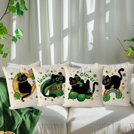 QIONG MENG St Patricks Day Pillow Covers 18x18 Inch Set of 4 Black Cat Decor Throw Pillowcase Happy St. Patrick's Day Cushion Case for Home Sofa Living Room Decor