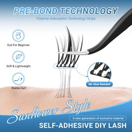 NAGARAKU Individual Eyelashes 48Pcs Cluster Lashes No Glue and Remover Needed One-Step Press On Pre-Glued Self Stick Reusable DIY Lashes Sunflower Style(SA-07,0.07mm C Curl 10-12mm）