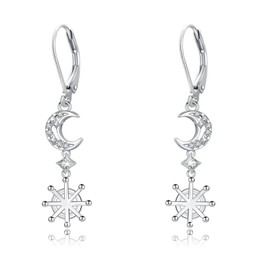 MEDWISE Sun Moon / Star Earrings 925 Sterling Silver Sun Moon Earrings Drop Earrings Asymmetrical Earrings Moonstone Jewellery for Girls Women Daughter Ladies, Sterling Silver