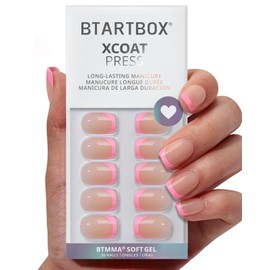 BTArtbox French Tip Press On Nails - Press on Nails Square, Pink Glue On Nails, Fit Perfectly & Natural Reusable Stick On Nails in 15 Sizes, 30 Pcs Soft Gel Kit, Dolce Pink
