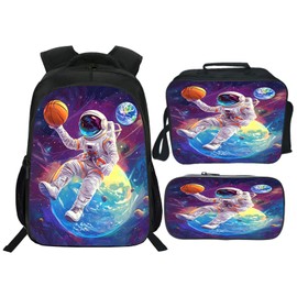 Quorin Astronaut Backpack Funny Spaceman Basketball School Bag 3PCS Backpack 16 Inch Set with Lunch Bag Pencil Case Lightweight for Teen Boys Girls Kids Elementary Middle School