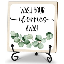 5" Funny Wooden Sign, Wash Your Worries Away Sign, Funny Bathroom Laundry Room Desk Decor, Restroom Guest Bathroom Decoration, Funny Toilet Washroom Plaque Sign Decor 5X5 Inches（White）-A05