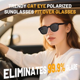 VUEECLAT Polarised Cat Eye Sunglasses Fit Over Glasses for Women - Double-Sided AR Coating Polarised Lenses, UV400 Protection, Lightweight Frame for Women Driving (Black/Brown/Purple), Black Frame