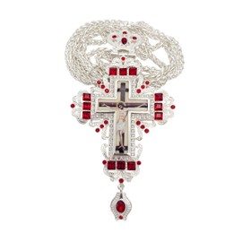 Nazareth Store Silver Plated Pectoral Cross Multi Zircons Crystallized Elements Christian Priest Bishop Large Crucifix Pendant with Necklace 24" (Pectoral Cross with Red Stones)