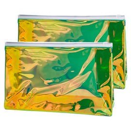 TotePrint 2 PCS Holographic Clear Makeup Bag Bulk,Zipper Portable Waterproof Toiletry Pouch,Iridescent Storage Cosmetic Bags for Women, Green, Cosmetic Bag
