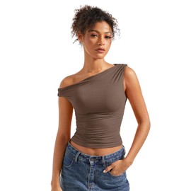 SUUKSESS Women Off Shoulder Tops Sleeveless Shirts Y2K Trendy Going Out Crop Tank Top (Brown,L)