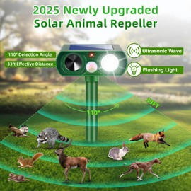2 Pack 2025 Solar Ultrasonic Repellent Outdoor Deer Repellent Devices Motion Detection Cat Squirrel Dog Raccoon Skunk Rabbit Deterrent Waterproof Animal Repeller with Flash Light for Yard Farm