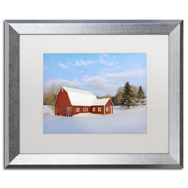 "Red Barn in Snow by Michael Blanchette Photography" White Matte Silver Framed Artwork, 16" x 20"
