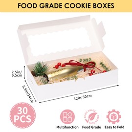 Moretoes 30pcs Cookie Boxes, 12x5.5x2.5 Inches White Bakery Box with Window for Treats, Chocolate Covered Strawberry, Donuts, Pastries, Cake Pop,