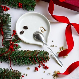 COLLECTIVE HOME - Ceramic Coffee Spoon Rest, Monogram Ceramic Spoon Holder, 3.8 Inches Coffee Spoon Holder, Mini Teaspoon Rest, Small Spoon Holder for Stove Coffee Bar (a)