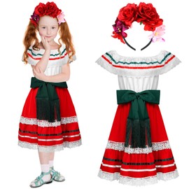 Twistover 2 Pcs Cinco De Mayo Girl's Traditional Mexican Costume Set with Flower Crown Headband for Mexican Cultural Fiesta (6-7 Years)