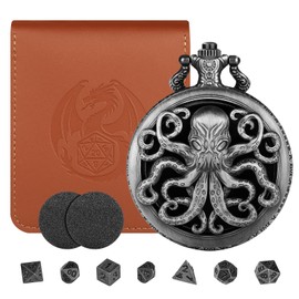 Mini DND Dice Set, Steampunk Hollow Octopus Pocket Watch Case, 7-Piece Polyhedral Metal, D&D Dice Set, DND Gifts with Leather Bag, Role Play Board Game Accessories, Dark Silver