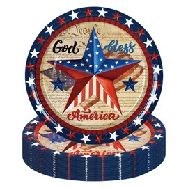 JarThenaAMCS 50Pcs Patriotic Paper Plates Vintage American Flag Star Disposable Plates 4th of July Dinner Plates for Independence Day Tableware Supplies, 9 Inch