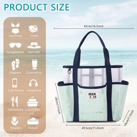 Mesh Beach Bag Women, Foldable Casual Large Capacity Tote Bags, Sandproof Shoulder Handbag for Summer Travel Vocation Picnic (Green)