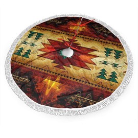 GHYGTY Christmas Tree Skirt 36" Inch Native American Indian Synthetic Xmas Tree Skirt Mat with White Tassel for Party Holiday, Tree Skirt Christmas Decorations