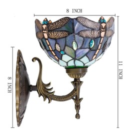 AVIVADIRECT Tiffany Wall Sconce Lamp Plug in or Hardwire Wall Light with 8 inch Blue Dragonfly Stained Glass Lampshade 8X10.5X11 Inch, Base Finished Antique Bronze, 6ft Cord with On/Off Switch