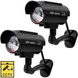 Kanayu 2 Pcs Black Solar Powered Fake Security Camera Dummy Security Simulated Surveillance Camera with Realistic Red Flashing Lights for Indoor Outdoor Home Store