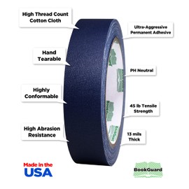 BookGuard 1 Inch Premium Bookbinding Repair Cloth Tape, 15 Yard Roll, Navy Blue