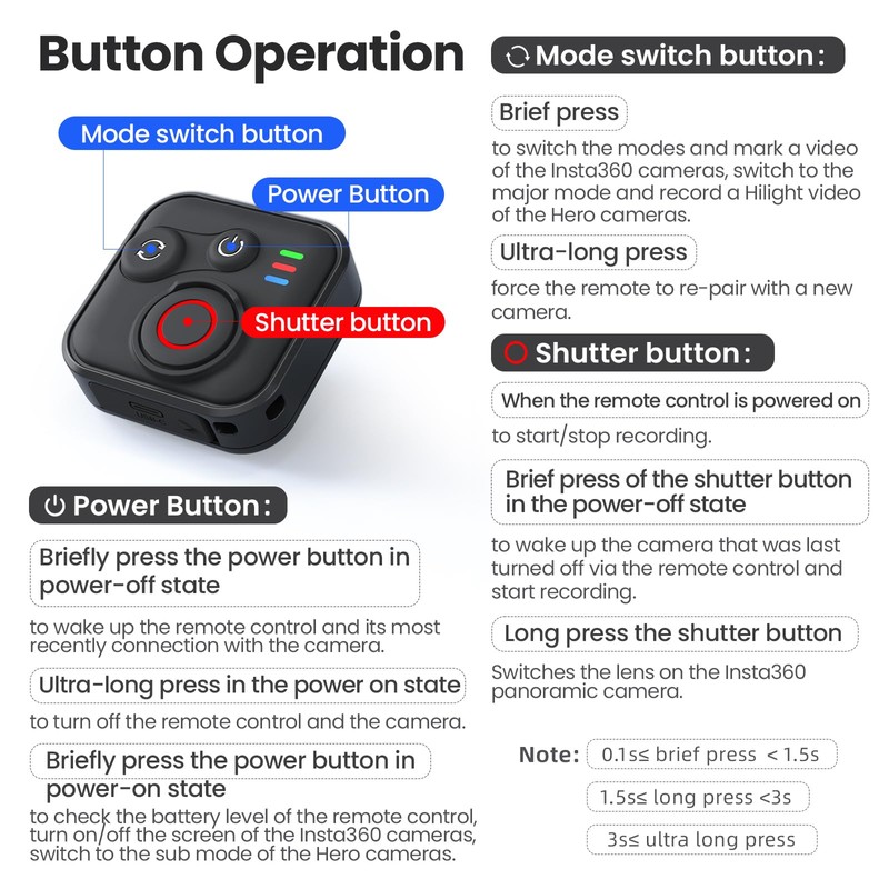 Bluetooth Remote Control for Insta360 X5/X4/X3/Ace Pro 2/Ace Pro/GO3S/GO3/GoPro Hero