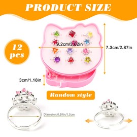 Cosysparks Adjustable Rings Set for Little Girls, 12Pcs Girls Crystal Jewelry Rings Colored Diamante Girls Rings with Cat Shape Box Princess Rings for Children Birthday Party(Random)