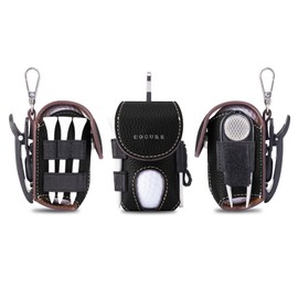 COGURE Genuine Leather Golf Ball Case for Men Women 2 Balls Tee Storage Green Fork Marker Glove Holder Rotating Clip with Gift Box CopGBC-L Left Hip Black