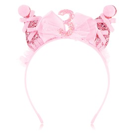 Atoden 3 Year Old Headband 3rd Birthday Decorations for Girl Third Birthday Girl Gifts Glitter Sequin Hat with Bow Princess Tiara Crown for Party Anime Costume Outfit Photo Props Pink