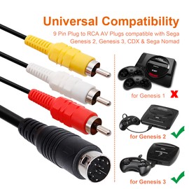 AV Cable for Genesis 2 3, Standard AV Cable RCA Connection Cord Compatible with Sega Genesis 2 & 3, 1.8M/6FT Composite 3 RCA Gold-Plated TV Display 32x 9 Pin Plug