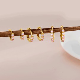 SILBERTALE 925 Sterling Silver Opal Hoop Earrings Pink Opal Small Gold Plated Hinged Huggie Earrings 6mm