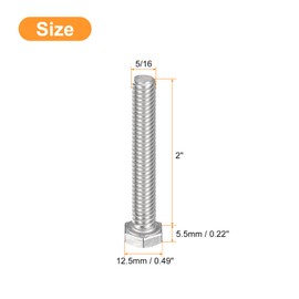 sourcing map 5/16-18 x 2 Inch Hexagonal Head Bolts 6 Pieces 304 Stainless Steel Hex Bolt Full Thread Machine Screw