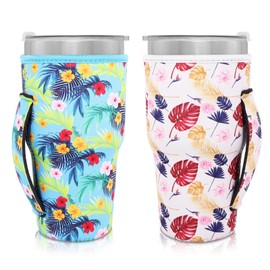 AJLTPA Neoprene Insulated Sleeves Cup Holder with Handle for 30oz - 32oz Tumbler Cups, Reusable Iced Coffee Cup Sleeve For XLarge 38-42oz Coffee cups(Hawaii(2 Pack))