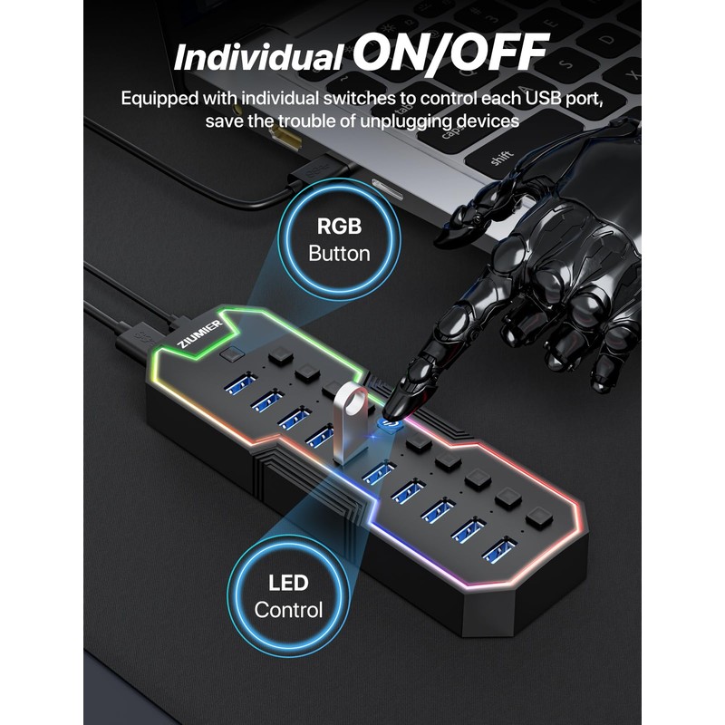 ZIUMIER Powered USB Hub, 10 Ports USB 3.0 Hub with