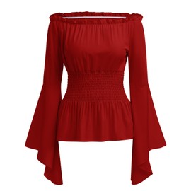 IBTOM CASTLE Women's Renaissance Clothing Medieval Off Shoulder Trumpet Sleeves Ruffle Top Gothic Clothing Steampunk Long Sleeve Corset Tops Party Dress, red