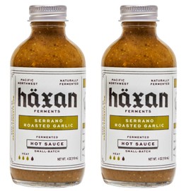 Haxan Ferments Serrano Roasted Garlic Hot Sauce | Medium Heat | Smoky Serrano & Poblano Peppers, Nutty Roasted Garlic, Apple Cider Vinegar, Mezcal, Wildflower Honey | Perfect for Veggies, Burritos, Steak | 4 oz | 2 Count
