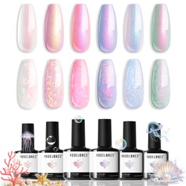 modelones Modelones Pearl Gel Nail Polish Set, 6 Colors Aurora Iridescent Shimmer White Pink Purple Mermaid Nail Drawing Gel Polish Soak Off Led Glitter Nail Polish Swirl Shell Thread Effect Easter DIY Gift