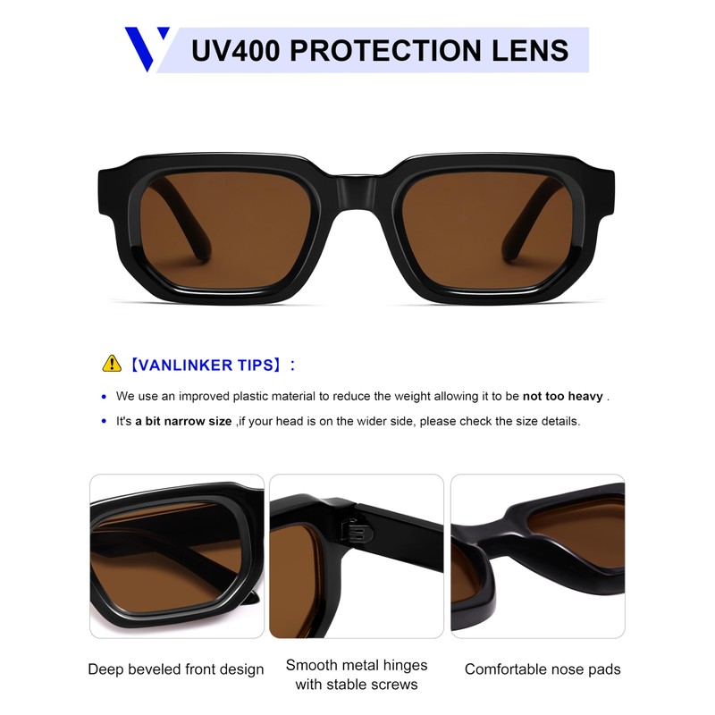 VANLINKER Retro Small Chunky Rectangle Sunglasses for Men Women Vintage