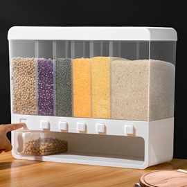 LDHHYH Dry Food Dispenser, 6 Grid Cereal Dispenser with Measuring Cup, 20 Pounds Rice Dispenser Grain Dispenser, Rice Storage Container for Storing Rice, Beans, Grains, Dry Food