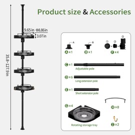 akinbas Tension Pole Shower Caddy with 4 L-Lazy Susan Organizer 360 Rotating 35-128 Inch No Drilling Floor Standing Shelves Adjustable Shower Rack for Bath Essentials (Black)