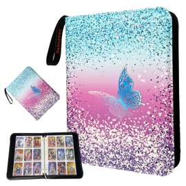 Dzhuywer Trading Card Binder for 9-Pocket 1080 Cards with 60 Removable Sleeves with Protection Zipper Easy Carrying Wristband, Portable Trading Card Albums for Boys Girls Gifts, Pink Blue Butterfly