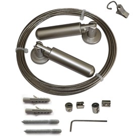 Refila Wall Mount Curtain Rod Set for Art Display with 24 Metal Clips, 5 Meters, Hanging Clothesline Wire Window Curtain Tension Rod Multi-Purpose Crafts Organizer (Satin Silver)